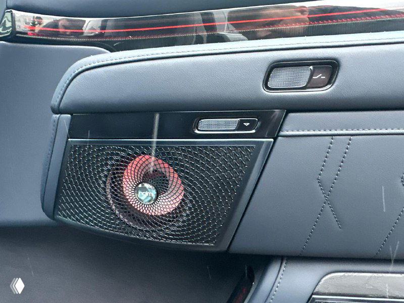 Крупный план динамика премиальной аудиосистемы Naim в дверной панели Zeekr 9X — декоративная решётка и акустический элемент