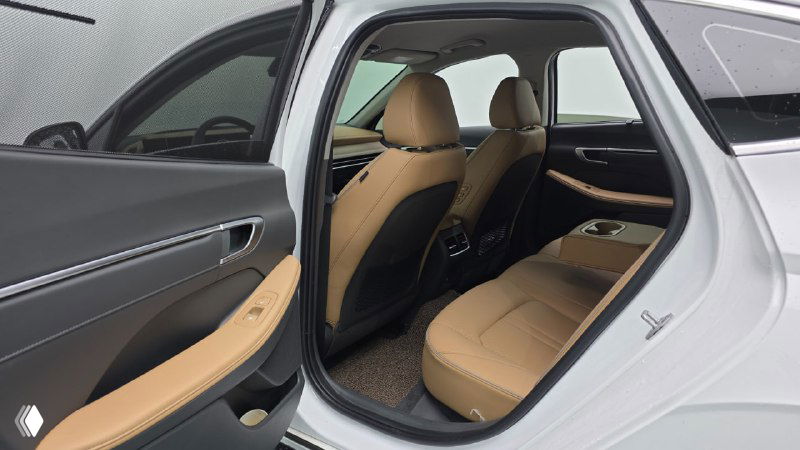 Задний ряд сидений Hyundai Sonata The Edge (DN8) 2025 с коричневой кожаной обивкой, общий вид салона с открытой задней дверью.