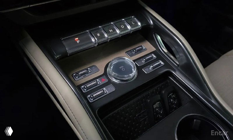 Ближний план центрального туннеля и блока управления Lincoln Nautilus 2023: селектор, регуляторы и отделка поверхности крупным планом.