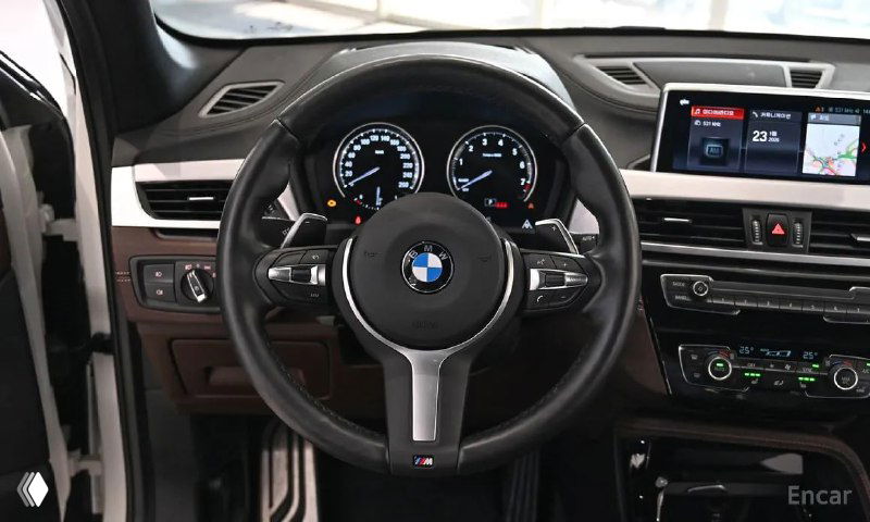 Крупный план рулевого колеса и комбинации приборов BMW X1 с подсветкой: чёткие показатели, аккуратный руль без видимых повреждений.