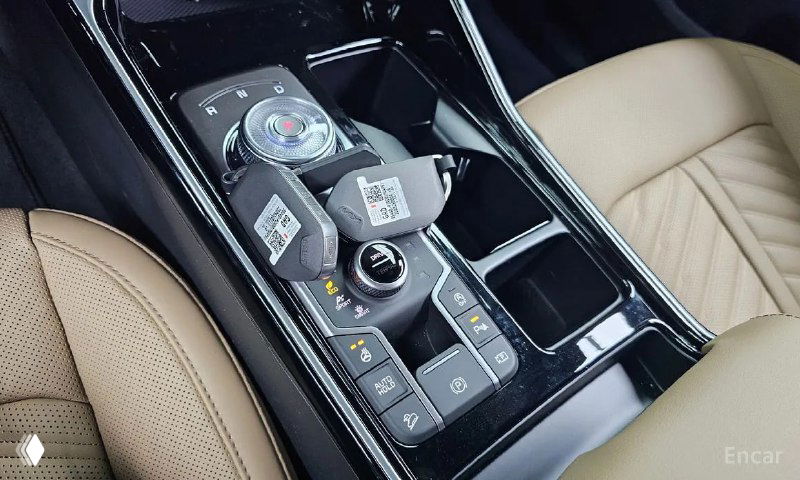 Детали центральной консоли Kia Sorento: селектор передач, шайба управления мультимедиа и ряд кнопок управления в глянцевой отделке.