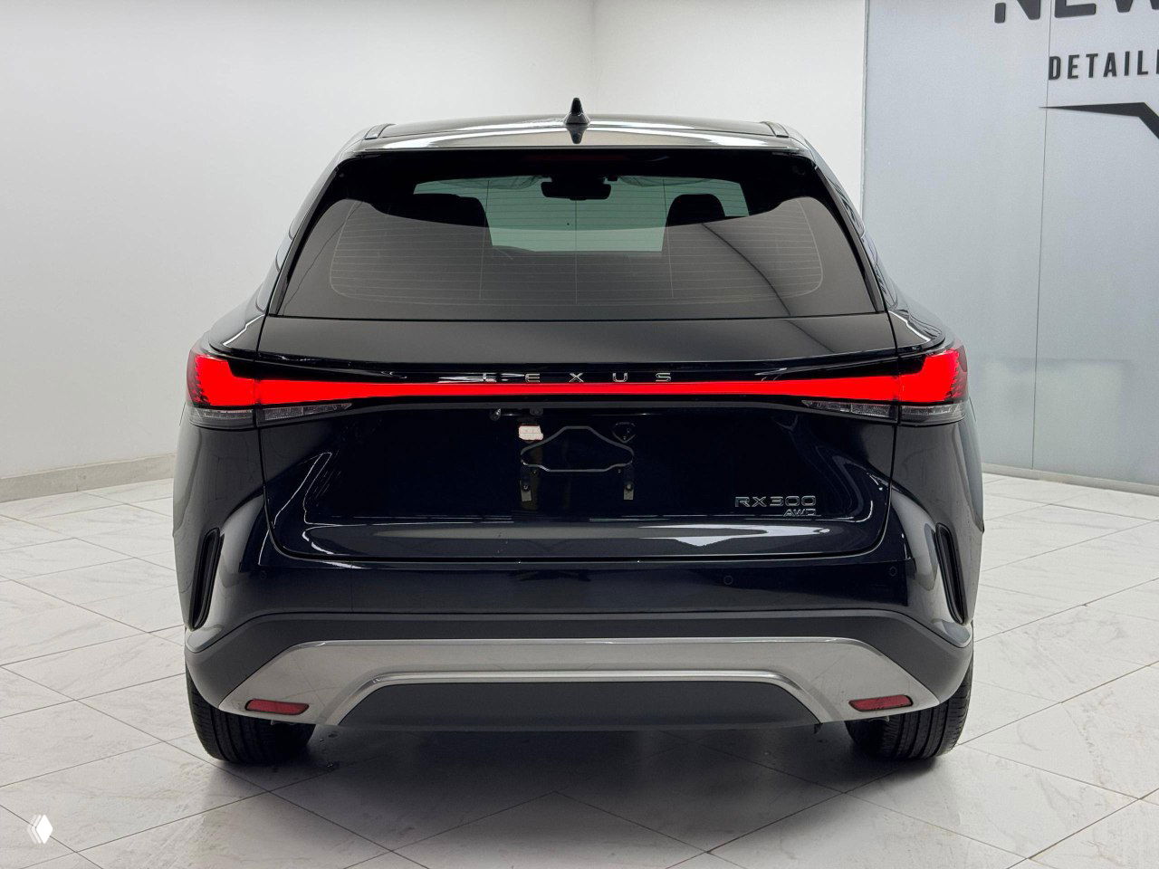 Вид сзади чёрного Lexus RX300 2025 — панорамный стоп‑сигнал и форма багажной двери на нейтральном фоне студии.