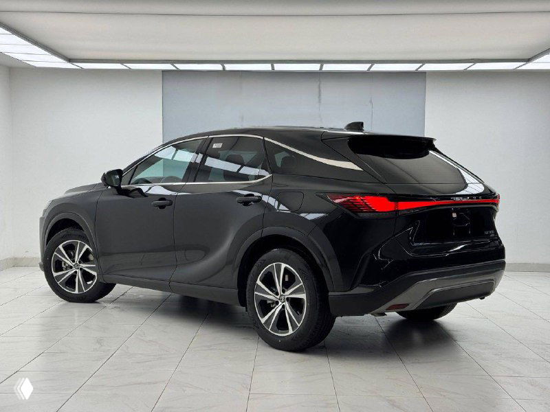 Боковой и задний ракурс чёрного Lexus RX 300 2025 — показан общий профиль автомобиля, дизайн крыши и задние фонари на фоне белой стены.