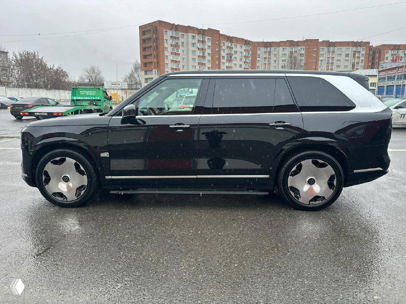 Боковой общий вид чёрного Zeekr 9X вдоль парковочной линии: длинный салон, закрытые тонированные окна и крупные диски на мокром покрытии.