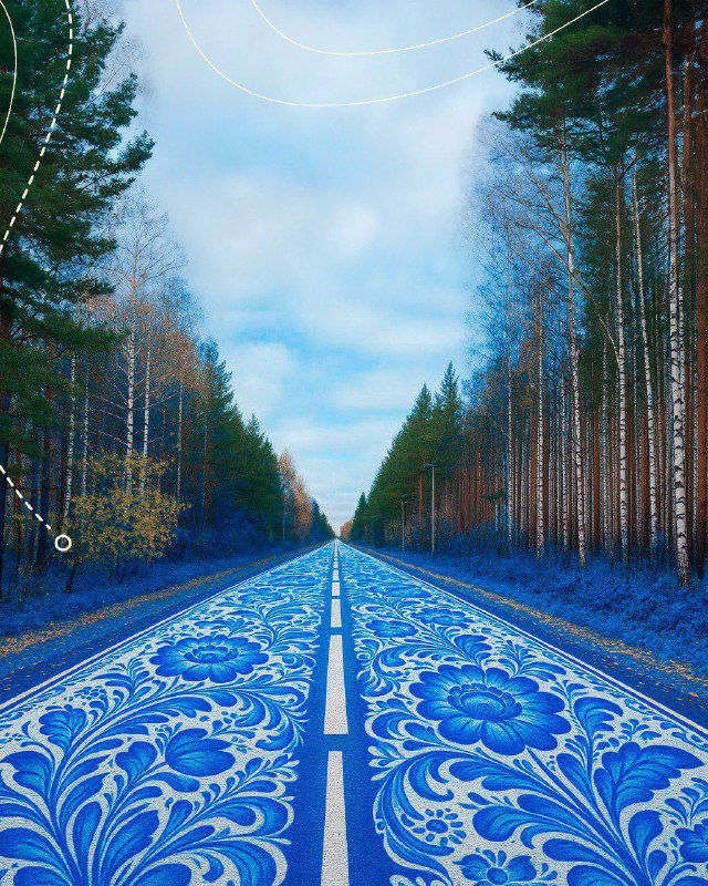 Дорога, визуально оформленная в бело‑синем стиле гжель: узор идёт по трассе между лесных рядов, эстетическая стилизация пейзажа.