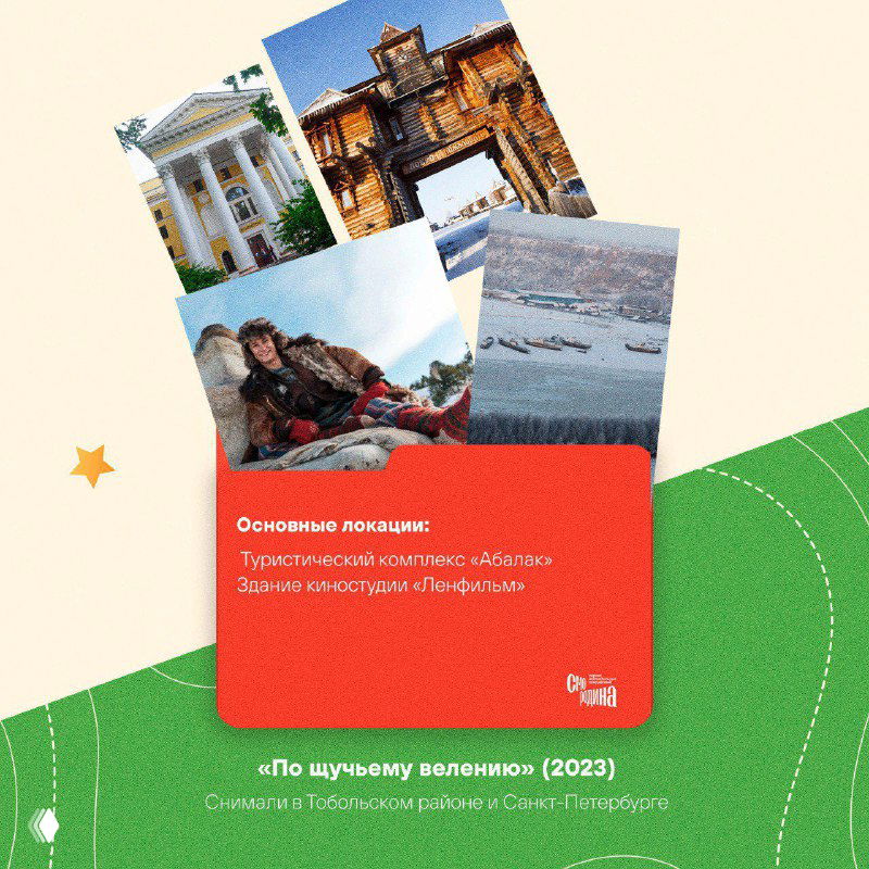 Коллаж карточек и снимков с местами съёмок «По щучьему веленью»: архитектура и береговые виды, туристические панорамы в одном кадре.