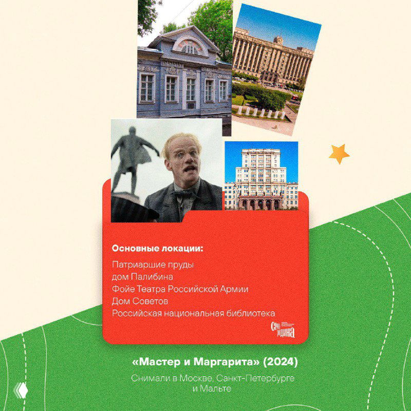 Коллаж с изображениями и памятниками из «Мастер и Маргарита»: городские и культурные места, которые можно увидеть в турах проекта.