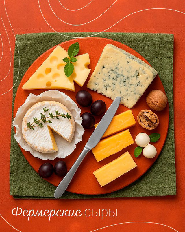 Круглая тарелка с разнообразными фермерскими сырами, оливками и орехами на текстильной подложке — пример сырной дегустации из тура.