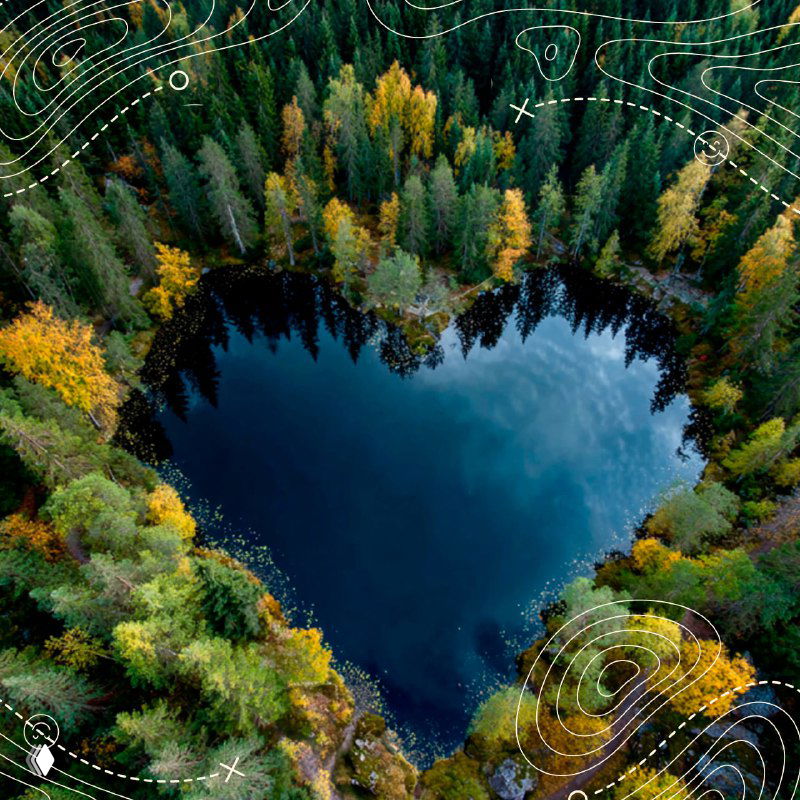 Аэровид на сердцеобразный водоём, окружённый плотным лесом; кадр демонстрирует береговую линию и природный контраст воды и зелени.