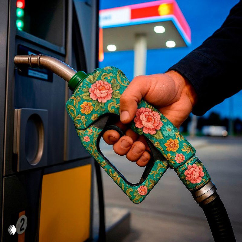 Бензоналивной пистолет на автозаправке, украшенный орнаментом в духе павловопосадских платков — идея нанесения флористического декора на топливную колонку.