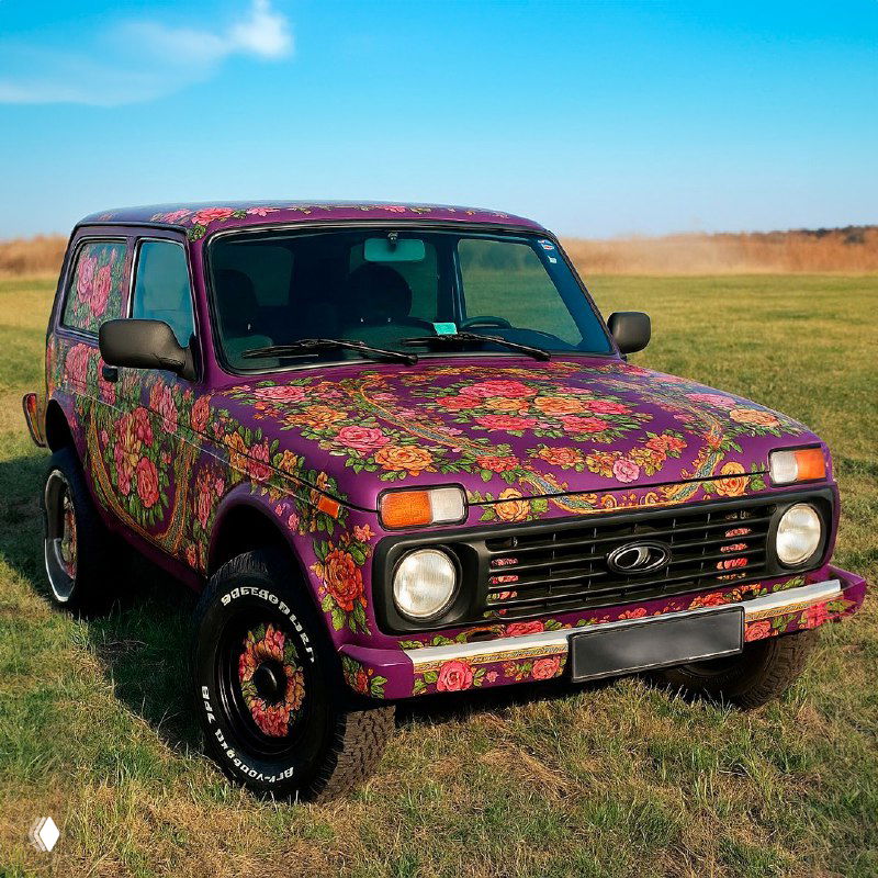 Внедорожник Lada, покрытый ярким павловопосадским цветочным принтом, припаркованный на лугу — пример применения традиционных узоров в авто-дизайне.