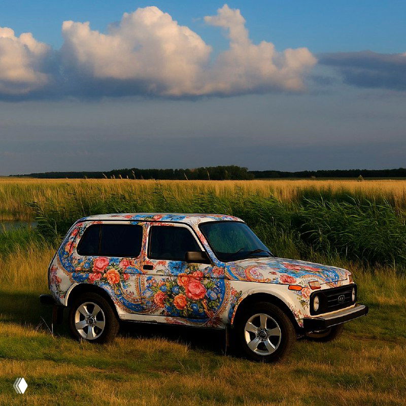 Компактный городской автомобиль, украшенный павловопосадскими мотивами, едет по полю — сочетание народного рисунка и сельского пейзажа.