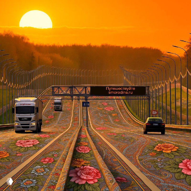 Шоссе при закате, дорожное полотно визуально украшено узорами в стиле павловопосадского платка; стилизованное изображение маршрута и бренда smorodina.ru.