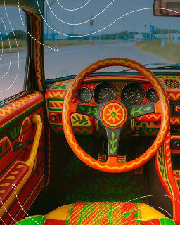 Вид салона автомобиля крупным планом: рулевое колесо и приборная панель украшены филимоновскими орнаментами яркой палитры и декоративными мотивами.