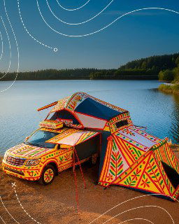 Палатка и автомобиль на берегу озера, оба украшены филимоновскими узорами — идея для стилизованного автопутешествия на природе с традиционной росписью.