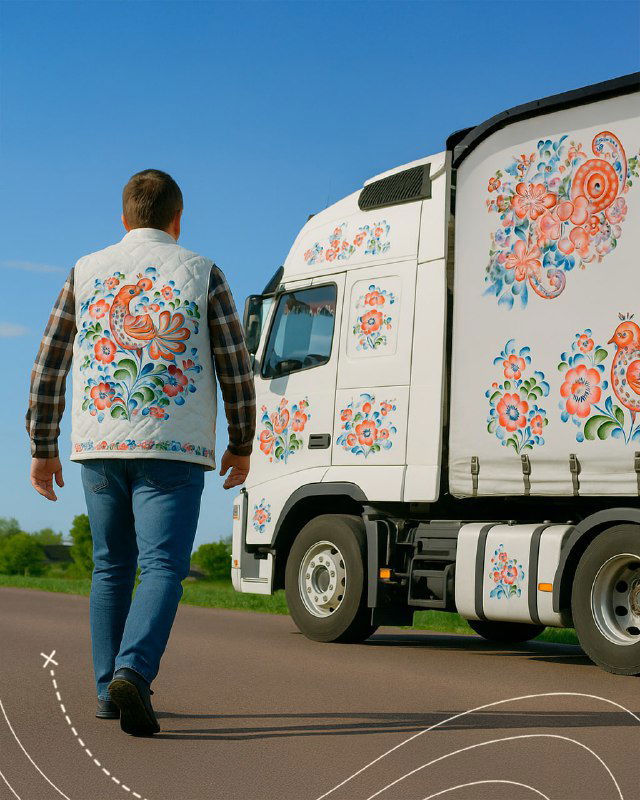 Дневной кадр водителя рядом с грузовиком, украшенным floral-орнаментами и сценами, демонстрация того, как роспись смотрится в дороге.