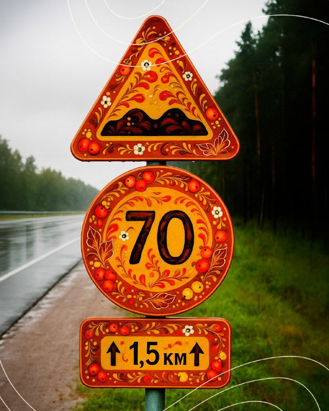 Набор дорожных знаков и табличек, украшенных владимирской росписью: круглый знак «70» и указатель с цветочным узором на мокрой дороге