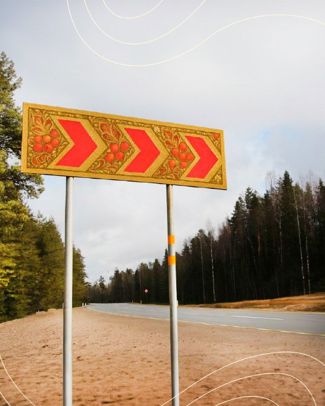 Жёлтый сигнальный щит со стрелками, декорированный в стиле Владимирской кистевой росписи, на опустевшей дороге у лесного массива