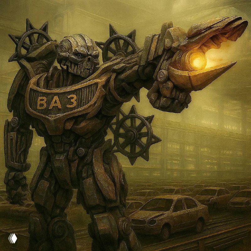 Фантазийный арт: механоподобный робот с эмблемой «ВАЗ» на груди в постапокалиптической обстановке, стилизация под кинопостер.