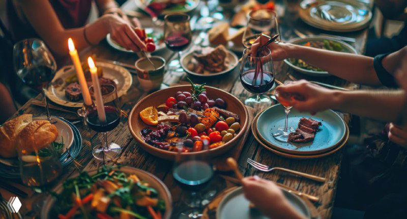Крупный план застолья при свечах: руки гостей, тарелки с фруктами и закусками, тёплая камерная атмосфера дележа блюд на открытом воздухе.