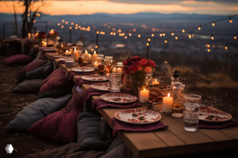 Длинный стол на закате: сервировка со свечами и гирляндами на фоне долины с огнями, романтичная и уютная уличная сцена для ужина.