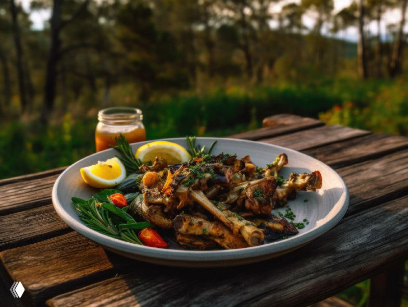 Подача блюда на деревянном столе на природе: мясо, лимон, зелень и баночки с соусами, атмосферная подача в загородном стиле.