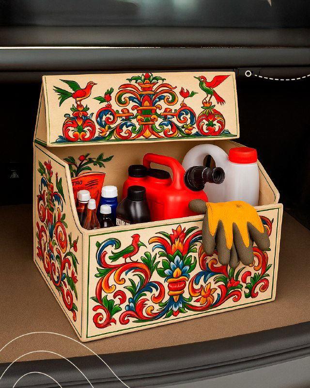 Открытый расписной сундук в багажнике автомобиля, заполненный инструментами и аксессуарами, украшенный яркими гуслицкими рисунками.