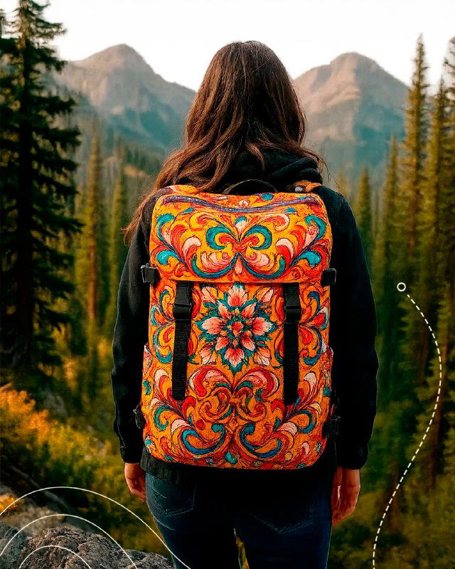 Рюкзак с крупным гуслицким орнаментом на фоне горного пейзажа — идея для походного или туристического аксессуара с народной росписью.