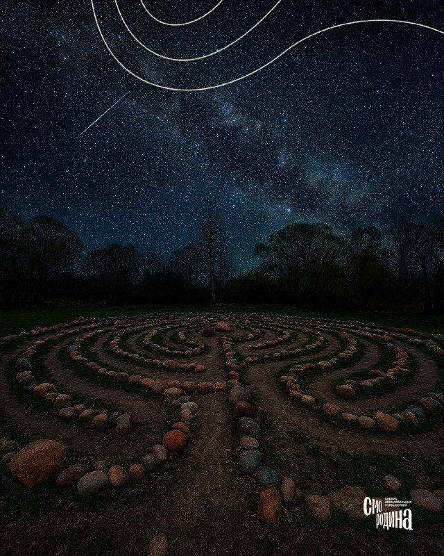 Каменный лабиринт в ночном пейзаже Киржача: кружок из валунов на переднем плане и насыщенное звёздное небо над лесом.