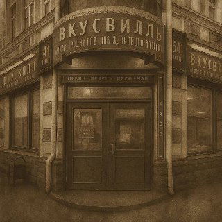 Сепия‑изображение угловой вывески «Вкусвиллъ» в стиле XIX века в историческом центре Рыбинска, с характерной старинной типографикой.