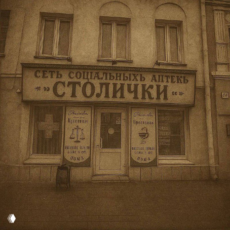 Фотография вывески аптеки «Столички» в ретро‑стиле на фасаде в Рыбинске — старинная эстетика и имитация дореволюционных вывесок.