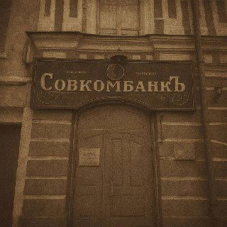 Снимок вывески «Совкомбанкъ» в дореволюционном стиле в Рыбинске — темный фон, старинная орнаментация и шрифт начала XX века.