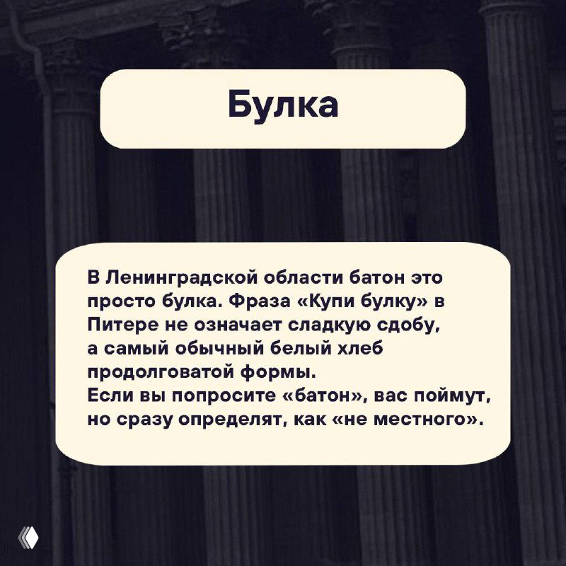 Карточка «Булка»: пояснение, что в Ленобласти батон называют булкой — описание местного лексикона на фоне архитектурных элементов Петербурга.