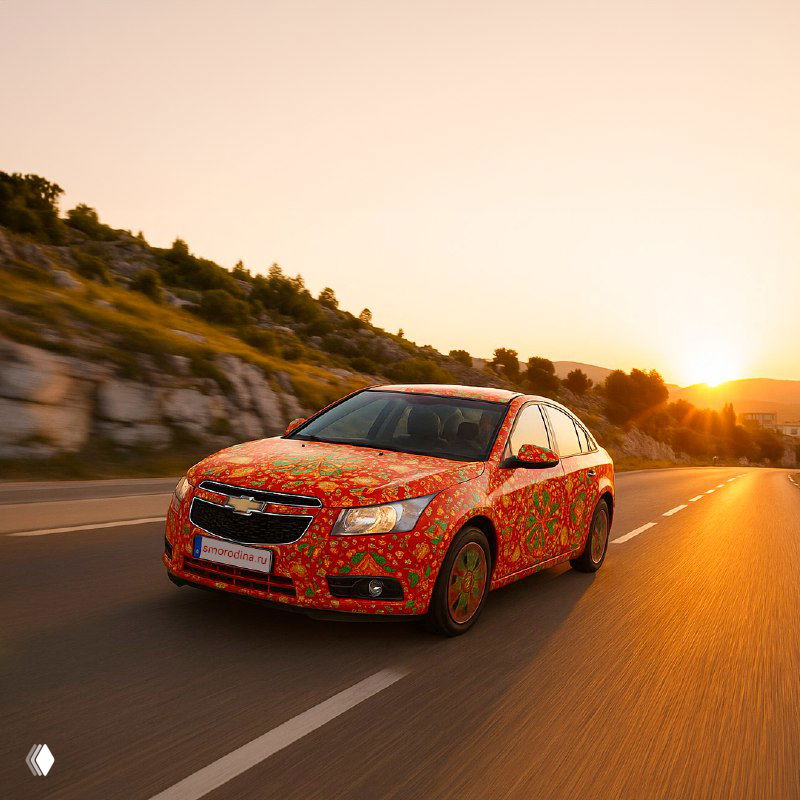 Легковой автомобиль в движении, украшенный мелким гаютинским орнаментом на красном фоне, едет по трассе на закате.