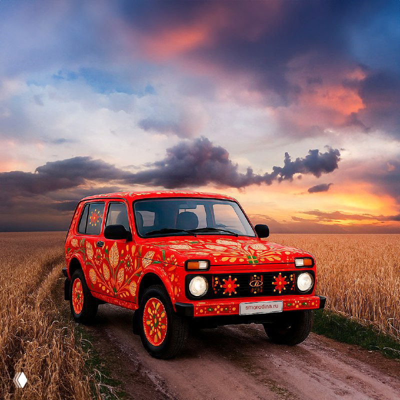 Внедорожник, украшенный яркой гаютинской росписью, стоит на просёлочной дороге на фоне поля и драматичного закатного неба.