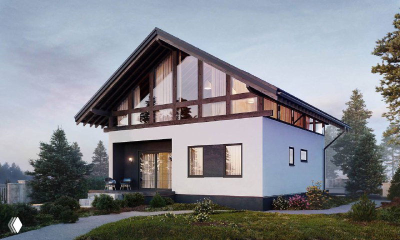 Рендер дома в альпийском стиле с большими окнами и двускатной крышей — пример реализации двухэтажного варианта проекта.