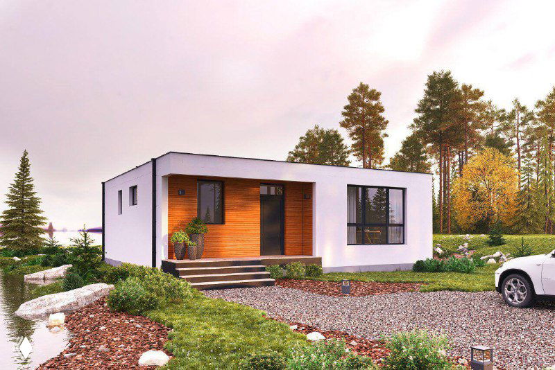 Визуализация одноэтажного минималистичного дома с плоской крышей и деревянной отделкой входной зоны на фоне древесного ландшафта.