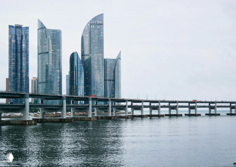 Городской пейзаж с современными высотными зданиями и набережной, мостом над водой — символ масштабных карьерных целей и навигации в профессиональной среде.