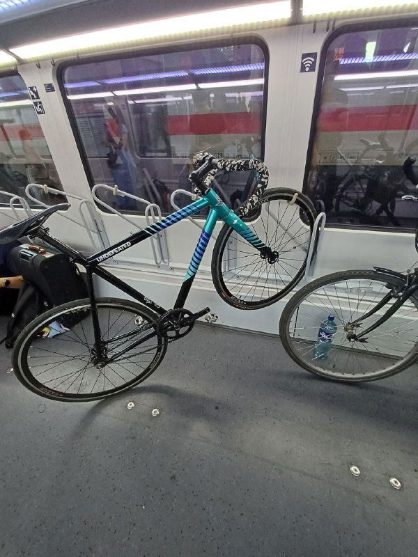 Велосипед State Cycles Undefeated в салоне немецкого поезда — он стоит при проходе, рядом виднеется другой велосипед и интерьер вагона.