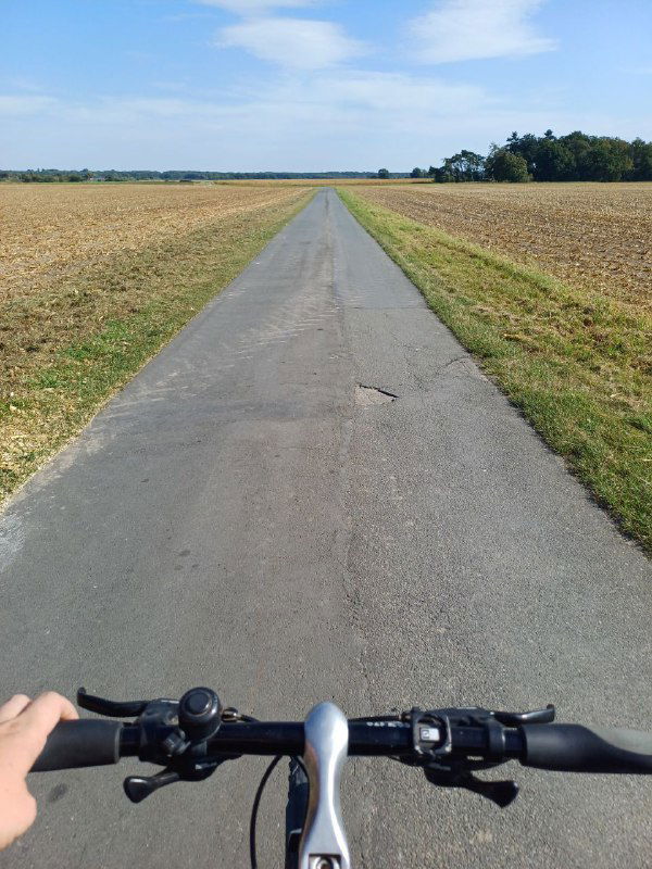 Вид от руля велосипеда: длинная узкая сельская асфальтовая дорога через поля, видны руль и часть рамы, бескрайнее небо и ровная трасса.