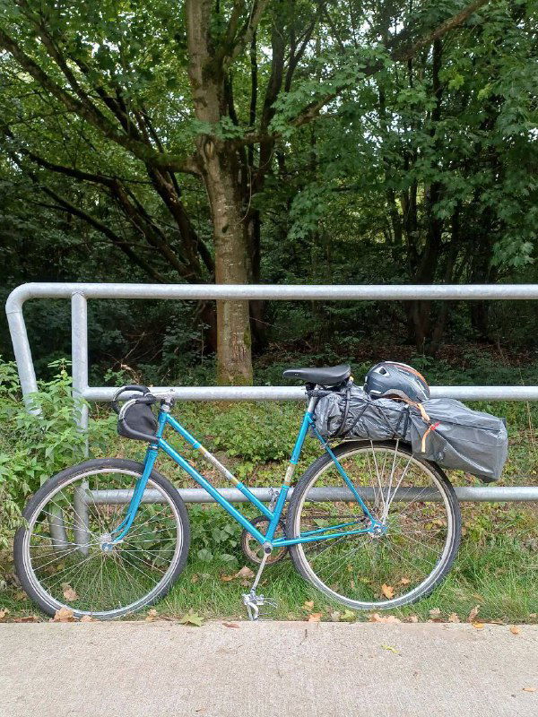 Велосипед с пакетом на багажнике, припаркованный у металлического ограждения на просёлочной дороге, окружённой густым лесом и травой.