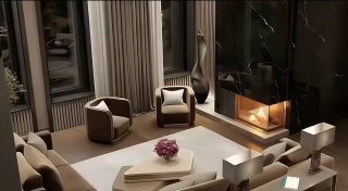 Фотореалистичный рендер интерьерной гостиной с диванами, креслами, журнальным столиком и камином — пример рендера жилого комплекса, который используют для демонстрации анимации.