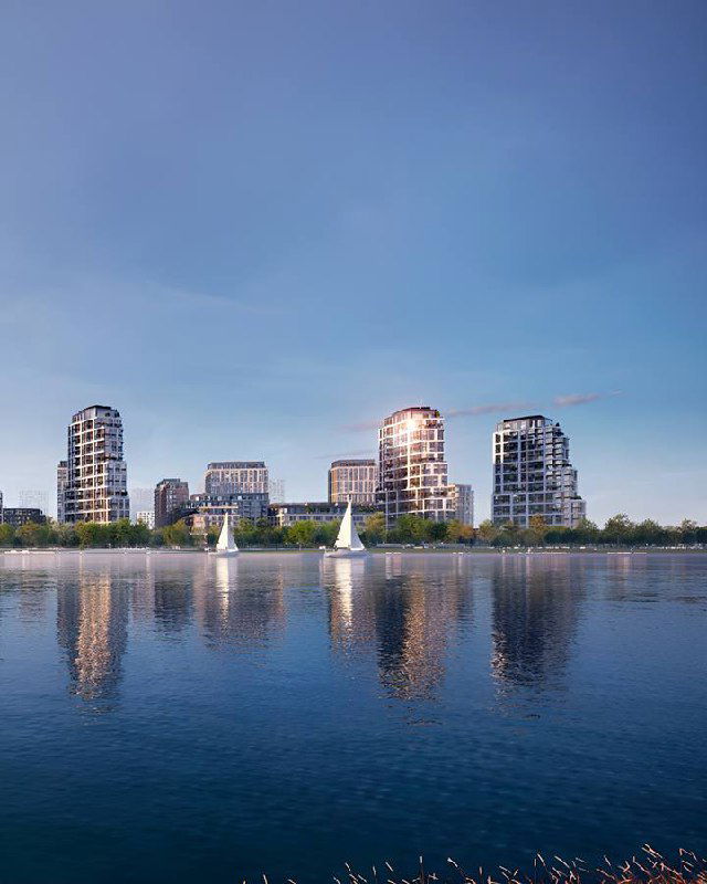 Макет поста с панорамным видом жилого комплекса и прогулочной зоной, оформленный в лаконичном глянцевом стиле для соцсетей недвижимости.