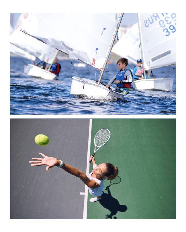 Коллаж с фотографиями спорта: парусный спорт и теннис как элементы жизни района, использованные в глянцевом шаблоне для продвижения недвижимости.