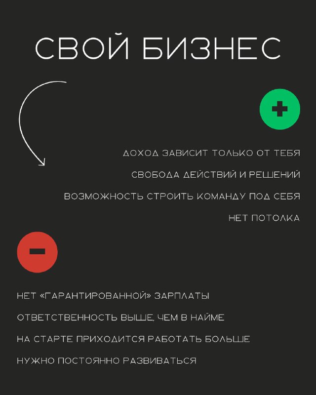 Слайд карусели с заголовком «СВОЙ БИЗНЕС» на тёмном фоне, перечислены плюсы: доход зависит от тебя, свобода решений, и минусы: нет гарантированной зарплаты.