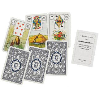 Разложенные карты и карточка-инструкция: снимок колоды с лицевыми картами и текстовой карточкой рядом, видны рубашки колоды и символы.