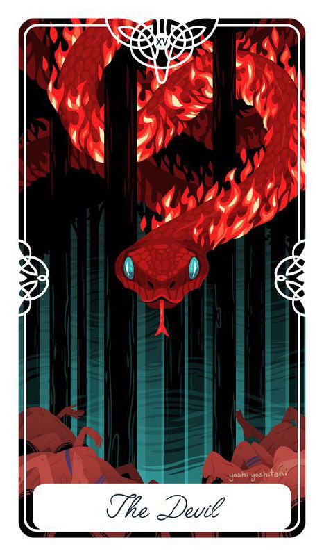 Современная карта «The Devil»: вертикальная композиция с красной змеёй на тёмном фоне, стилизованная графика и акцент на опасной символике и тьме.