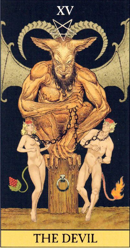 Классическая англоязычная карта The Devil: массивная фигура с козлиными чертами, цепи и две человеческие фигуры по бокам, тёплая палитра и традиционный стиль.