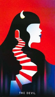 Минималистичная иллюстрация карты The Devil: профиль женщины с чёрным силуэтом, лестница, ведущая внутрь фигуры, контрастные красно-чёрные тона и абстрактный стиль.