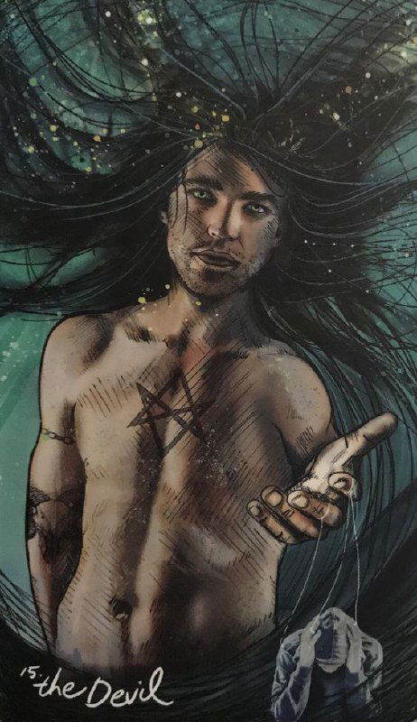 Художественная карта «the Devil»: полуобнажённая фигура с длинными волосами и тёмным фоном, символы и атмосфера искушения и тайны, авторский иллюстративный стиль.